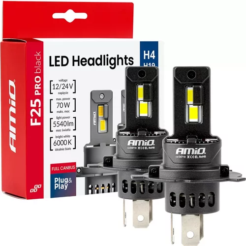 LED žiarovky hlavného svietenia Séria F25 PRO BLACK FULL CANBUS H4 H19 70W 12V 24V AMiO-04719