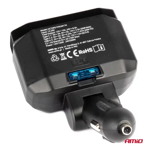 Predlžovacia zásuvka PD30W PD20W QC3.0 12/24V max 200W AMiO-04174 - obr. 3