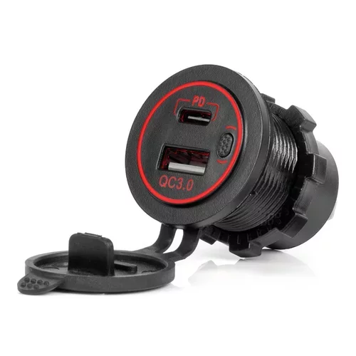 Vodotesná telefónna nabíjačka s ČERVENÝM LED podsvietením 2xUSB QC3.0 12/24V AMIO-04221