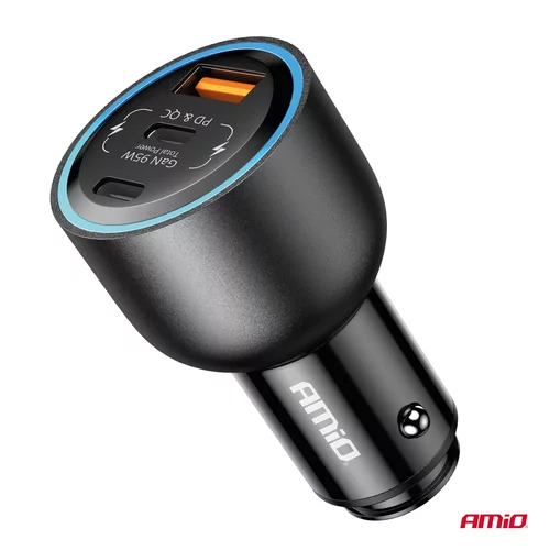 Nabíjačka do auta 2x USB C port + USB A port 12/24V 95W AMiO-04372 - obr. 2