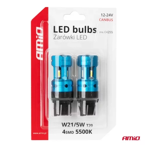 LED žiarovky CANBUS T20 7443 W21/5W 4SMD 1860 Biela 12V 24V AMiO-04255 - obr. 4