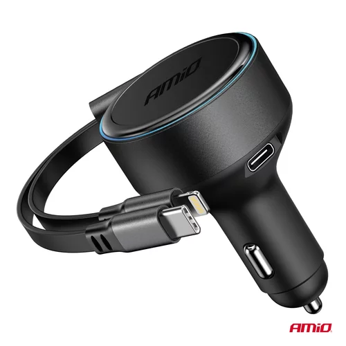 Nabíjačka do auta výsuvná C kábel + lightning kábel + USB C port 12/24V 60W AMiO-04370 - obr. 2
