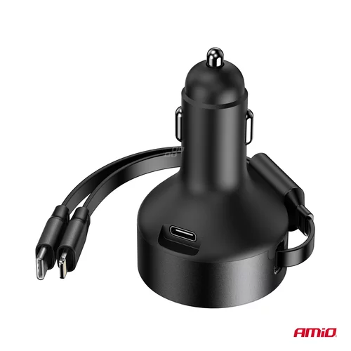 Nabíjačka do auta výsuvná C kábel + lightning kábel + USB C port 12/24V 60W AMiO-04370 - obr. 4