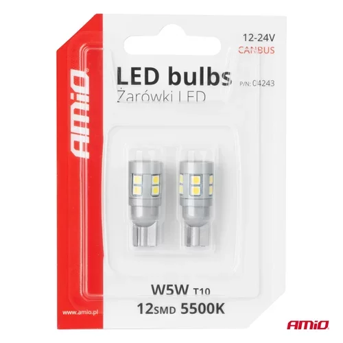 LED žiarovky CANBUS T10 W5W 12 SMD 3030 Biela 12V 24V AMiO-04243 - obr. 4