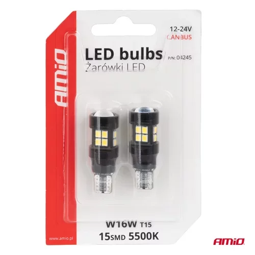 LED žiarovky CANBUS T15 W16W 15SMD 2835 Biela 12V 24V AMiO-04245 - obr. 3