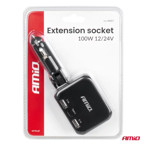 Predlžovacia zásuvka 2x USB-A 1x USB-C 12/24V 100W 180° AMiO-04357 - obr. 7