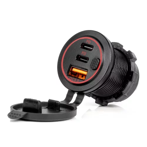 Vodotesná nabíjačka na telefón s vypínačom ČERVENÉ LED podsvietenie USB + 2xUSB C QC3.0 12/24V AMiO-04227