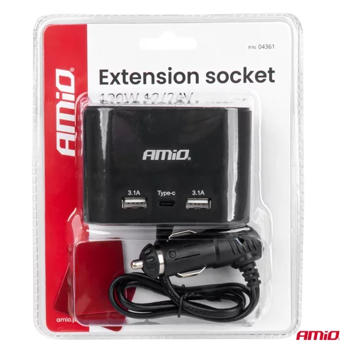 Predlžovacia zásuvka 2x USB-A 1x USB-C 12/24V 120W 70cm AMiO-04361 - obr. 6