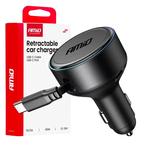 Nabíjačka do auta výsuvná C kábel + USB C port 12/24V 60W AMiO-04368