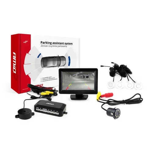 Parkovací asistent TFT01 4,3” s kamerou CAM-308 LED, 4 senzorové biele AMIO