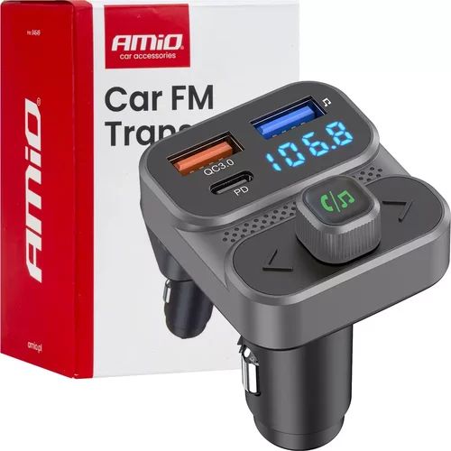 FM transmitter 2×USB-A 1×USB 12V 24V AMiO-04649