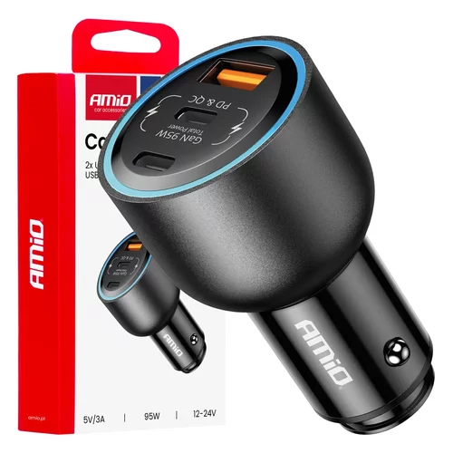 Nabíjačka do auta 2x USB C port + USB A port 12/24V 95W AMiO-04372