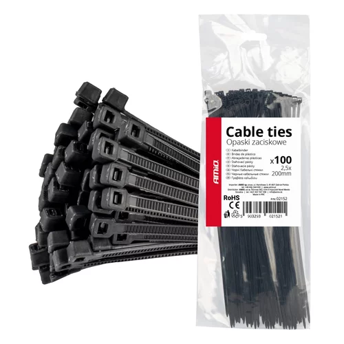 Sťahovacie pásky čierne 2,5x200mm - 100 ks AMIO