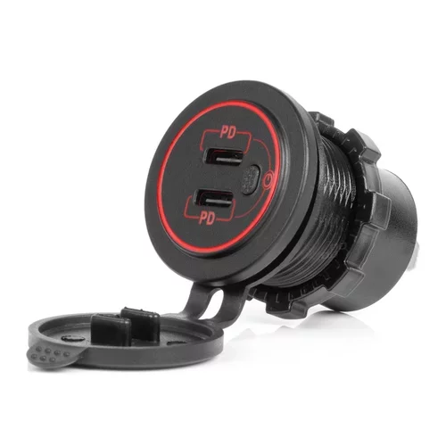 Vodotesná nabíjačka s vypínačom ČERVENÉ LED podsvietenie 2xUSB C 12/24V AMiO-04224