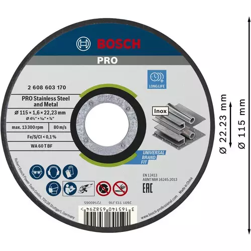 BOSCH Rezací kotúč PRO Stainless Steel and Metal, 115 × 1,6 × 22,23 mm, rovný (3)