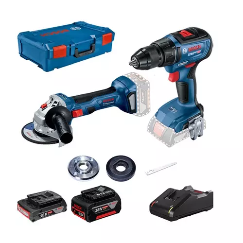 BOSCH Kombinovaná súprava: akumulátorový vŕtací skrutkovač GSR 18V-50 + akumulátorová uhlová brúska GWS 180-LI + 1 akumulátor 2,0 Ah + 1 akumulátor 5,0 Ah, v kufri XL-BOXX