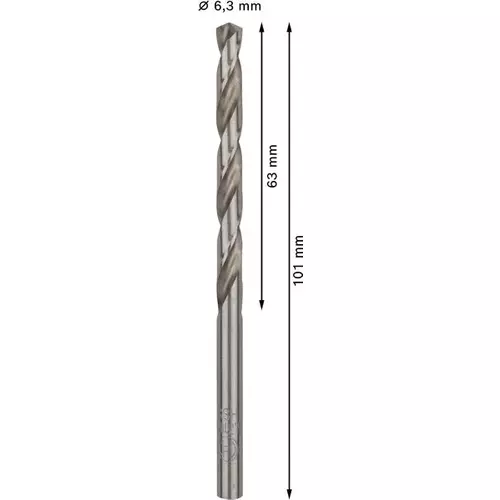 BOSCH Špirálový vrták PRE Metal HSS-G štandardnej dĺžky, 6,3 × 63 × 101 mm, 10 ks