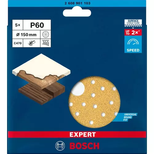 BOSCH Brúsny papier EXPERT C470 s viacerými otvormi pre excentrické brúsky, 150 mm, zrnitosť 60, 5 ks (3)