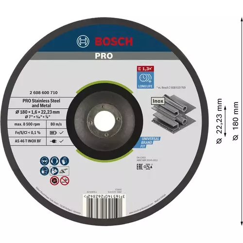 BOSCH Rezací kotúč PRO Stainless Steel and Metal, 180 × 1,6 × 22,23 mm, so stlačeným stredom, oSa (3)