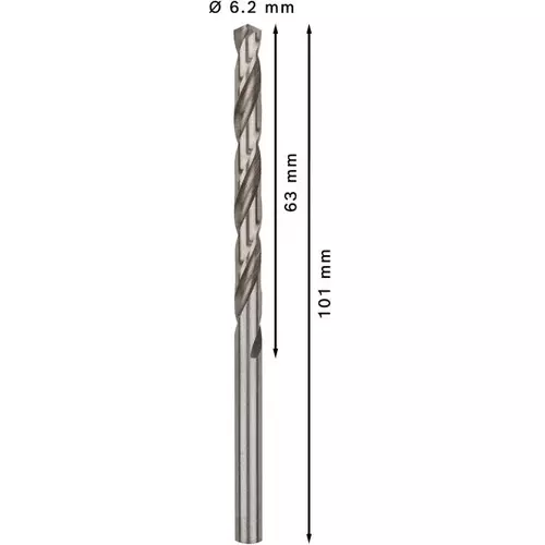 BOSCH Špirálový vrták PRE Metal HSS-G štandardnej dĺžky, 6,2 × 63 × 101 mm, 10 ks