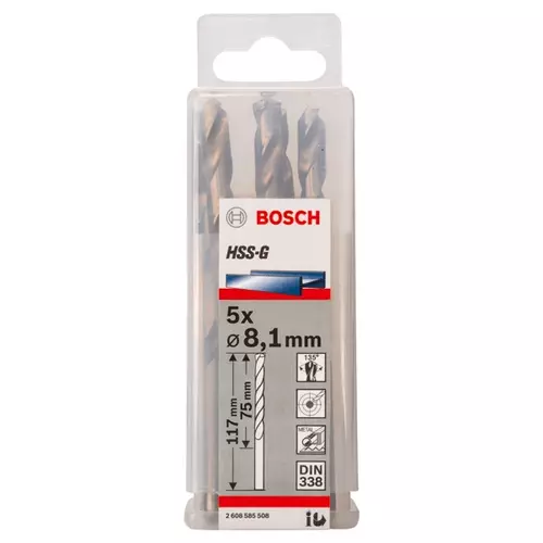 BOSCH Špirálový vrták PRE Metal HSS-G štandardnej dĺžky, 8,1 × 75 × 117 mm, 5 ks (20)