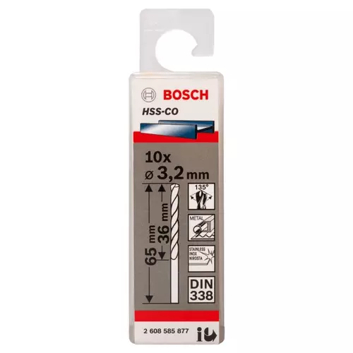 BOSCH Špirálový vrták do kovu PRO Stainless Steel HSS-Co, 3.2 × 36 × 65 mm, 10 ks (19)
