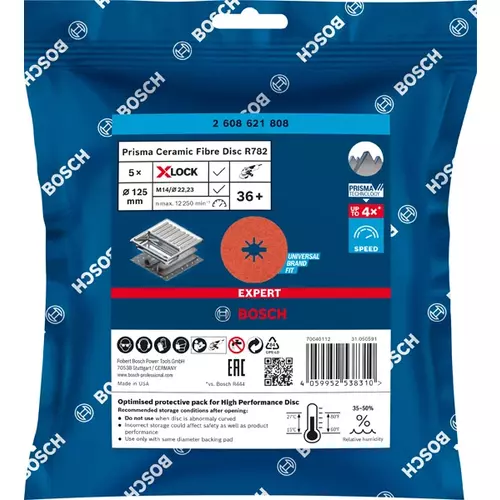BOSCH Keramický fíbrový kotúč EXPERT R782 Prisma Ceramic X-LOCK, 125 mm, 22,23 mm, zrnitosť 36, 5 ks (2)