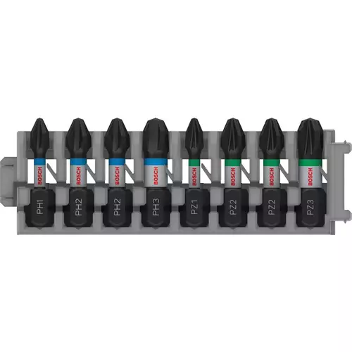 BOSCH Sada skrutkovacích bitov PRO Impact, PH1, PH2 (×2), PH3, PZ1, PZ2 (×2), PZ3, 25 mm, 8 ks