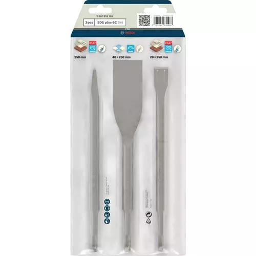 BOSCH Sada sekáčov PRO SDS plus-5C, špicatý 250, dlaždicový 40 x 260, lopatkový 20 x 250 mm, 3 ks (3)