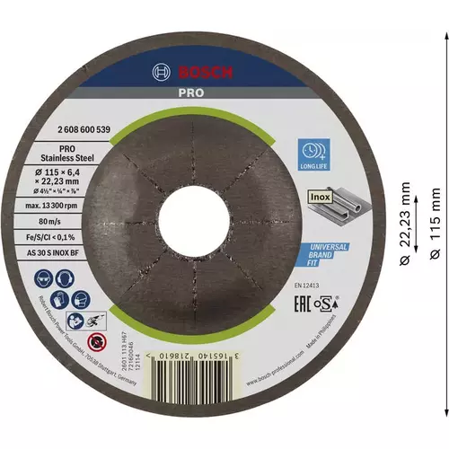 BOSCH Brúsny kotúč PRO Stainless Steel, 115 x 6 x 22,23 mm (3)