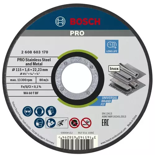 BOSCH Rezací kotúč PRO Stainless Steel and Metal, 115 × 1,6 × 22,23 mm, rovný (4)