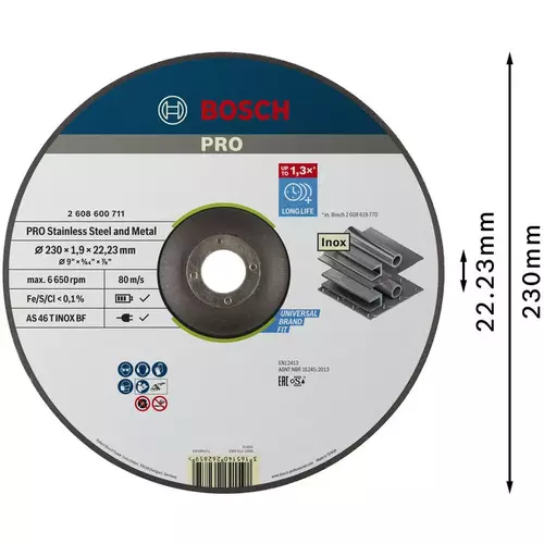 BOSCH Rezací kotúč PRO Stainless Steel and Metal, 230 × 1,9 × 22,23 mm, so stlačeným stredom (3)