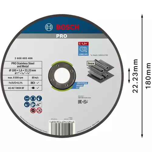 BOSCH Rezací kotúč PRO Stainless Steel and Metal, 180 × 1,6 × 22,23 mm, rovný, oSa (3)
