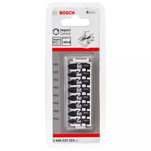 BOSCH Sada skrutkovacích bitov PRO Impact, PH1, PH2 (×2), PH3, PZ1, PZ2 (×2), PZ3, 25 mm, 8 ks (10)
