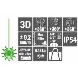 Laser líniový, krížový samonivelačný, zelený, 3D (3x360°), Li-ion akumulátor, USB nabíjanie, FORTUM - obr. 10