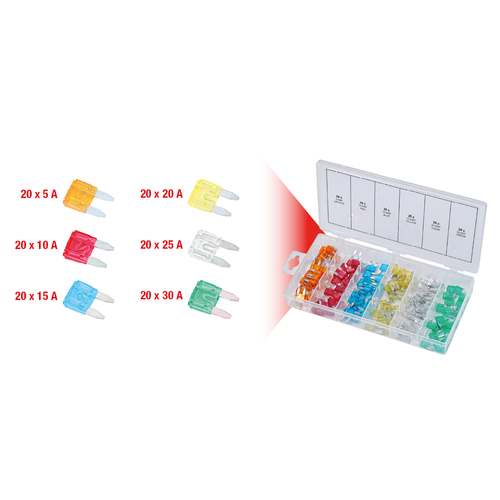 Sortiment mini poistky, 5-30A, 120-dielny