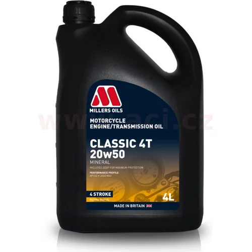 Minerálny olej pre 4-taktné motory MILLERS OILS 84474 Classic 4T 20w50, pre aplikácie s mokrou spojkou, JASO MA2 4 l