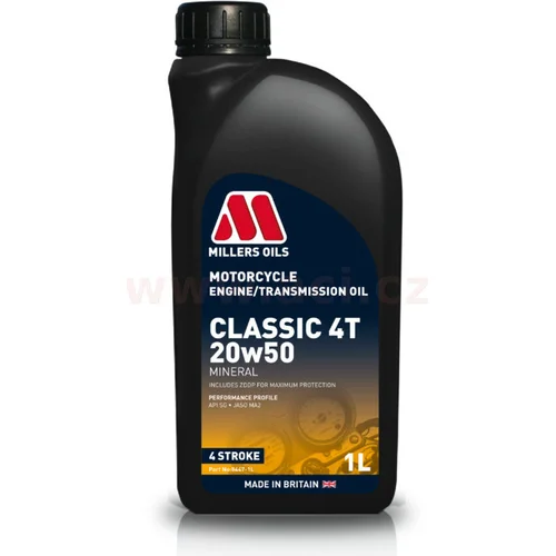 Minerálny olej pre 4-taktné motory MILLERS OILS 84471 Classic 4T 20w50, pre aplikácie s mokrou spojkou, JASO MA2 1 l