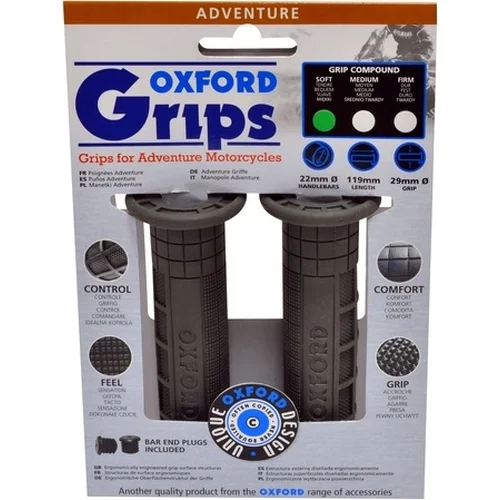 Tmavosivá guma OXFORD OX602 gripy Adventure, tvrdosť gumy medium, na riadítka s priemerom 22 mm, pár)