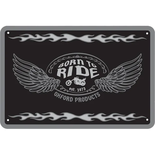Plechová tabuľa BORN TO RIDE OXFORD OX371 (sivá/čierna, rozmer 30 x 20 cm)