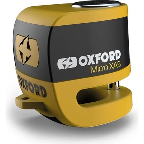 Zámok kotúčovej brzdy Micro XA5 OXFORD LK213 (integrovaný alarm, žltý/čierny, priemer čapu 5,5 mm)