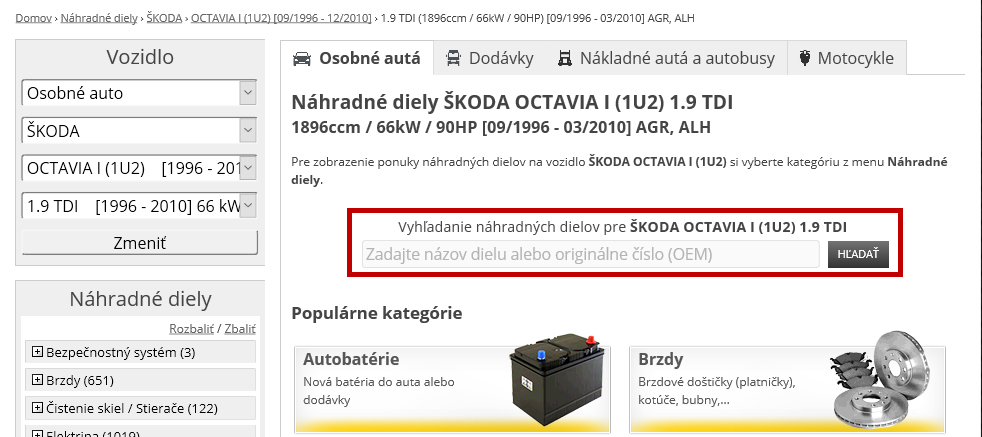 Vyhľadávanie náhradných dielov - zadanie hľadného dielu